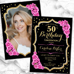 Elegantes Black Gold Pink Foto 50. Geburtstag Einladung<br><div class="desc">Elegante florale Einladung zum 50. Geburtstag mit Ihrem Foto auf der Kartenrückseite. Glam Schwarz und Rosa Design mit Imitaten Glitzer Gold. Enthält rosa Rosen, Skript-Schriftart und Konfetti. Ideal für ein stilvolles Party für Erwachsene. Personalisieren Sie Ihre persönlichen Daten. Kann für jedes Alter angepasst werden! Gedruckte Zazzle Einladungen oder Sofortdownload digitalen...</div>