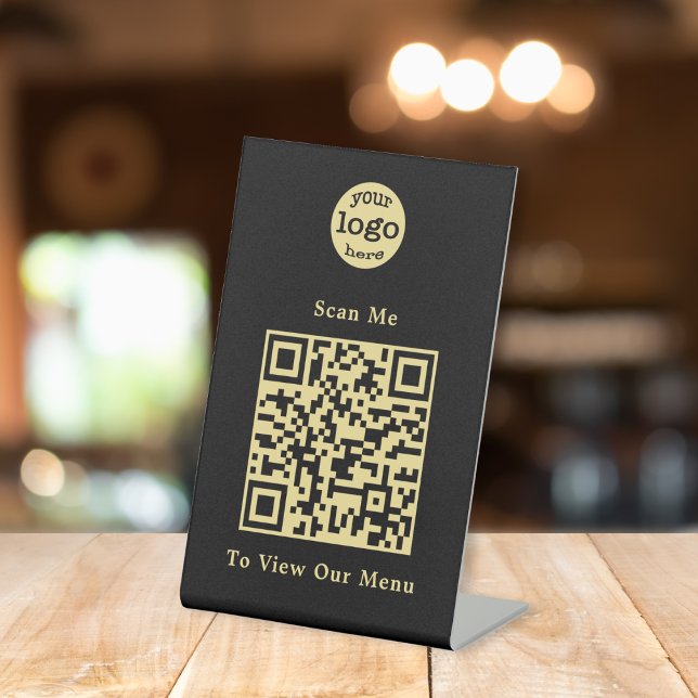 Elegantes Black Gold QR Code Restaurant Logo Sockelschild (Elegant Black Gold QR Code Restaurant Menu Logo Pedestal Sign)