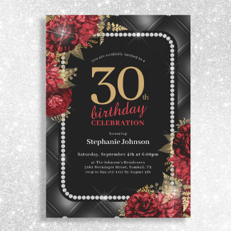 Elegantes Black Gold Red Floral 30. Geburtstag Par Einladung