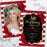 Elegantes Black Gold Rote Rosen Foto 50. Geburtsta Einladung<br><div class="desc">Elegante florale feminine 50. Geburtstagseinladung mit Ihrem Foto auf der Kartenrückseite. Glam Schwarz-weiß rotes Design mit Imitaten Glitzer Gold. Enthält Streifen, rote Rosen, Skript-Schriftart und Konfetti. Ideal für ein stilvolles Party für Erwachsene. Personalisieren Sie Ihre persönlichen Daten. Kann für jedes Alter angepasst werden! Gedruckte Zazzle Einladungen oder Sofortdownload digitalen druckbaren...</div>