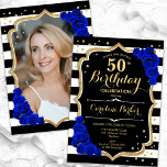 Elegantes Black Gold Royal Blue Foto 50. Geburtsta Einladung<br><div class="desc">Elegante florale feminine 50. Geburtstagseinladung mit Ihrem Foto auf der Kartenrückseite. Glam Schwarz-weißes königsblaues Design mit Imitaten Glitzer Gold. Enthält schwarz-weiße Streifen, saphir-blaue Rose, Skript-Schriftart und Konfetti. Ideal für ein stilvolles Party für Erwachsene. Personalisieren Sie Ihre persönlichen Daten. Kann für jedes Alter angepasst werden! Gedruckte Zazzle Einladungen oder Sofortdownload digitalen...</div>