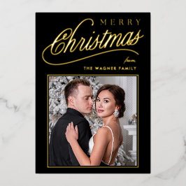 Elegantes Black & Gold Script Frohe Weihnachts-Fot Folien Feiertagskarte