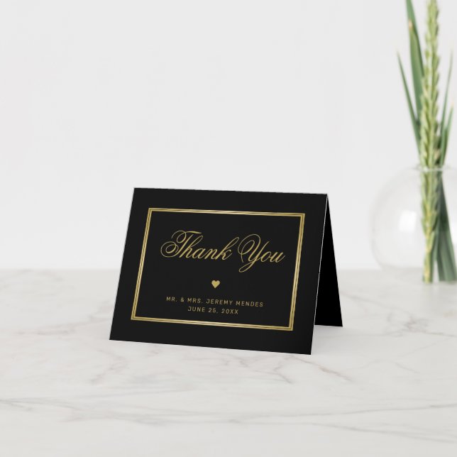 Elegantes Black Gold Script im Foto Hochzeit Dankeskarte (Vorderseite)