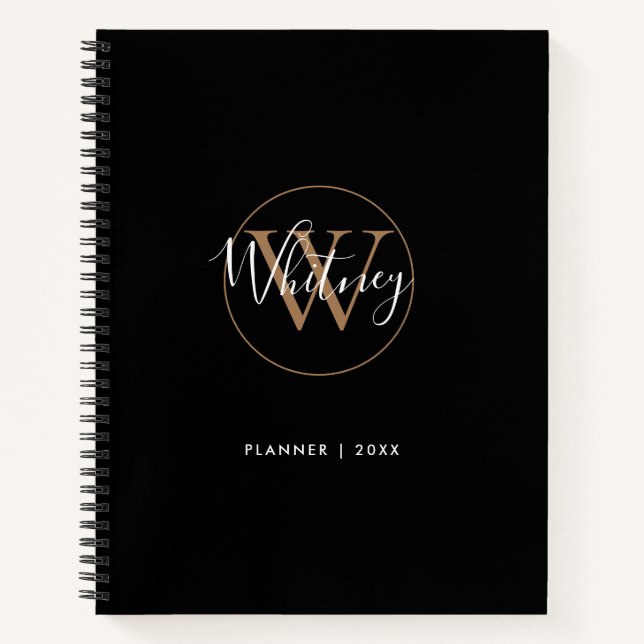 Elegantes Black Gold Script Monogram Name Notebook Notizbuch (Vorderseite)