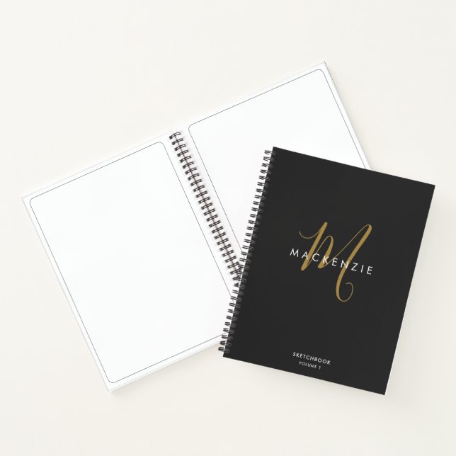 Elegantes Black Gold Script Monogram Sketchbook Notizbuch (Innenseite)