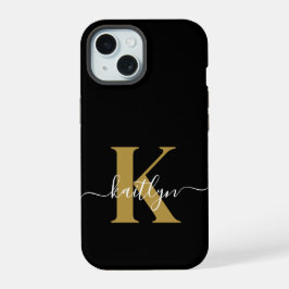Elegantes Black-Gold-Script-Monogramm iPhone 15 Hülle
