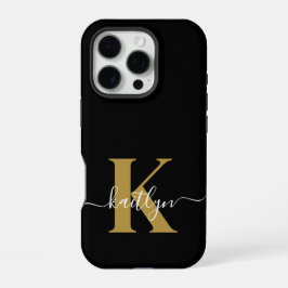 Elegantes Black-Gold-Script-Monogramm iPhone 16 Pro Hülle