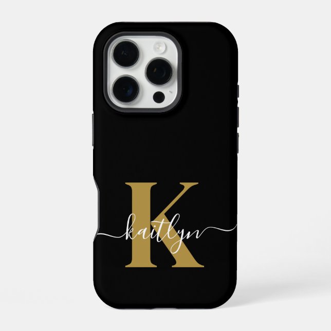 Elegantes Black-Gold-Script-Monogramm iPhone Hülle (Rückseite)
