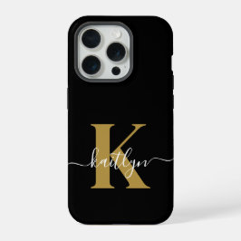 Elegantes Black-Gold-Script-Monogramm iPhone 15 Pro Hülle