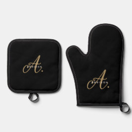 Elegantes Black-Gold-Script-Monogramm Ofenhandschuh & Topflappen-Set