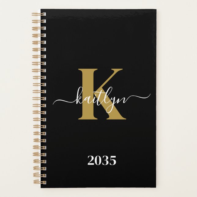 Elegantes Black-Gold-Script-Monogramm Planer (Vorderseite)