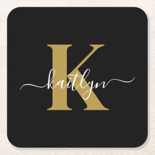 Elegantes Black-Gold-Script-Monogramm Rechteckiger Pappuntersetzer