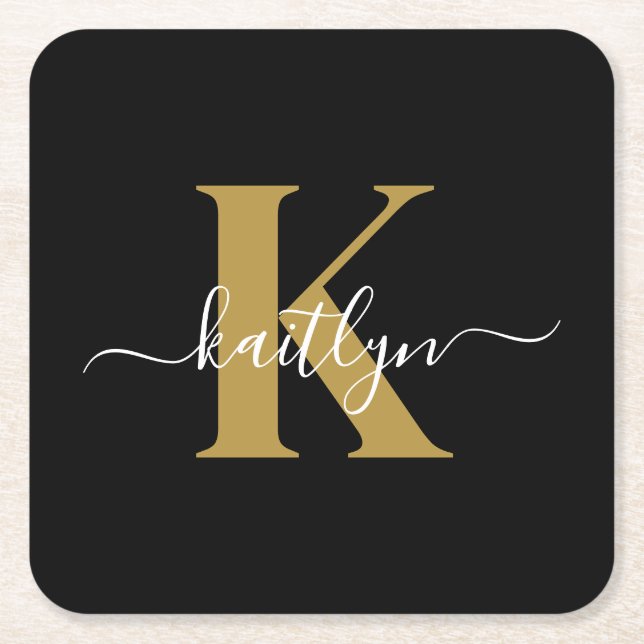 Elegantes Black-Gold-Script-Monogramm Rechteckiger Pappuntersetzer (Vorderseite)