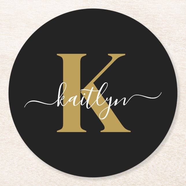 Elegantes Black-Gold-Script-Monogramm Runder Pappuntersetzer (Vorderseite)