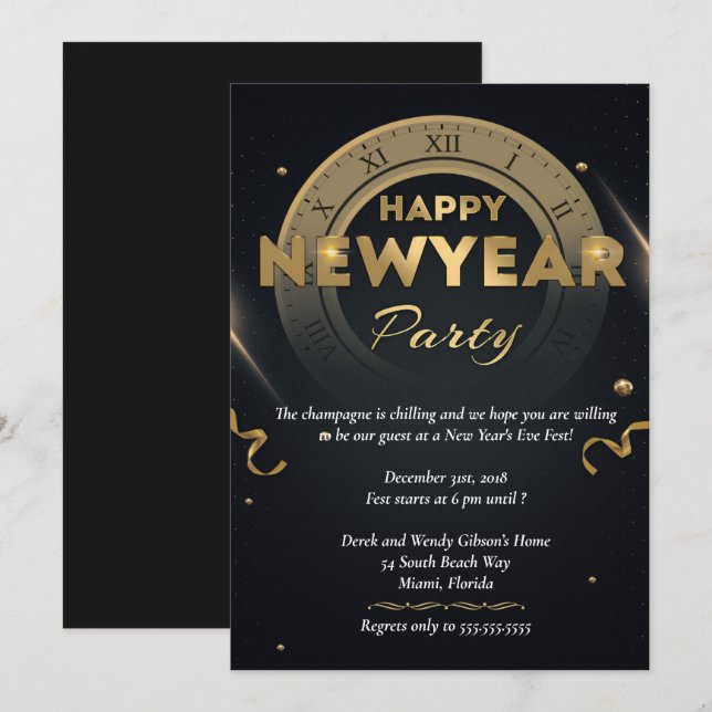 Elegantes Black & Gold Silvester Party Einladung (Vorne/Hinten)