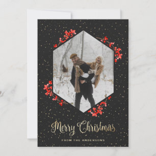 Elegantes Black Gold Snow Red Berries Foto Feiertagskarte