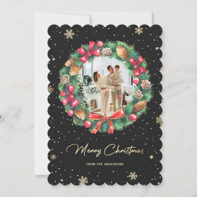 Elegantes Black Gold Snowflakes Foto Feiertagskarte (Vorderseite)