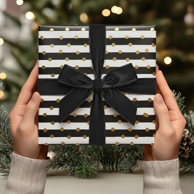 Elegantes Black Gold Streifen & Dots Weihnachtsges Geschenkpapier (Elegant Black Gold Stripes & Dots Christmas Gift Wrapping Paper)