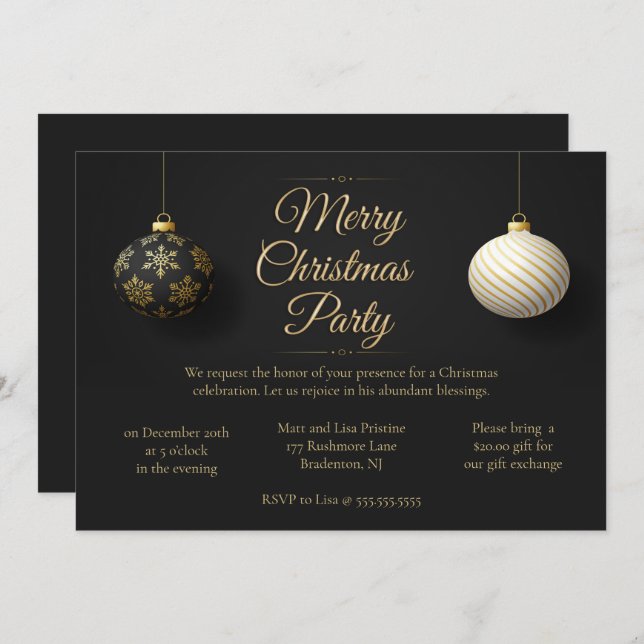 Elegantes Black & Gold Weihnachts-Party Einladung (Vorne/Hinten)