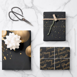 Elegantes Black & Gold Weihnachtswrapping Geschenkpapier Set