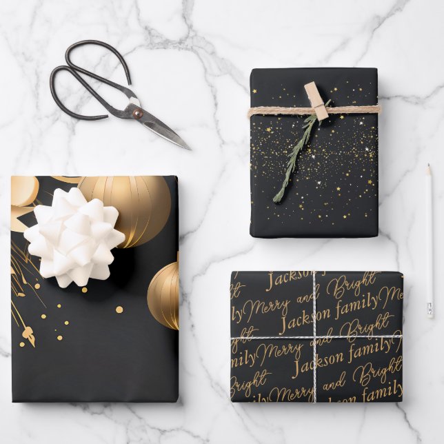 Elegantes Black & Gold Weihnachtswrapping Geschenkpapier Set (Vorderseite)