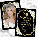Elegantes Black Gold White Foto 50. Geburtstag Einladung<br><div class="desc">Elegante florale Einladung zum 50. Geburtstag mit Ihrem Foto auf der Kartenrückseite. Glam Schwarz-Weiß-Design mit Imitaten Glitzer Gold. Enthält weiße Rosen,  Skript-Schriftart und Konfetti. Ideal für ein stilvolles Party für Erwachsene. Personalisieren Sie Ihre persönlichen Daten. Kann für jedes Alter angepasst werden! Gedruckte Zazzle Einladungen oder Sofortdownload digitalen druckbaren Vorlage.</div>