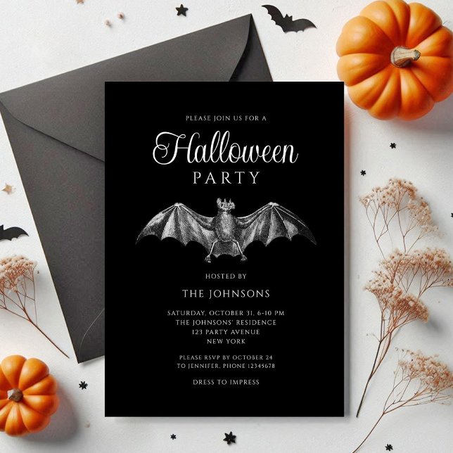 Elegantes Black Gothic Bat Halloween-Party Einladung (Elegant Black Gothic Bat Halloween Party Invitation)
