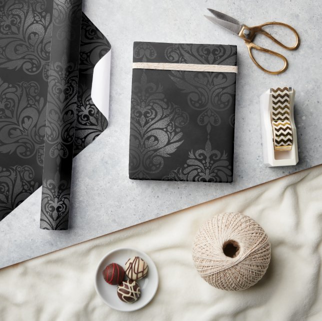 Elegantes Black Gothic Luxus Damask Muster Geschenkpapier (Kunsthandwerk)