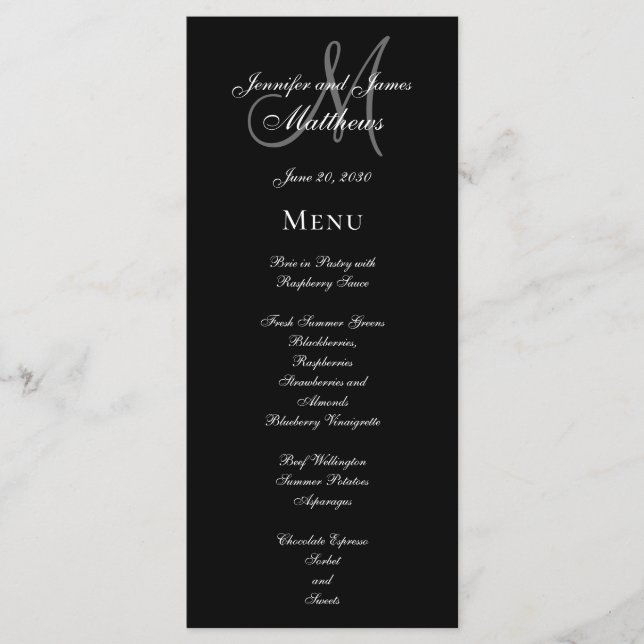 Elegantes Black Gray Monogram Script Wedding Menu Menükarte (Vorderseite)