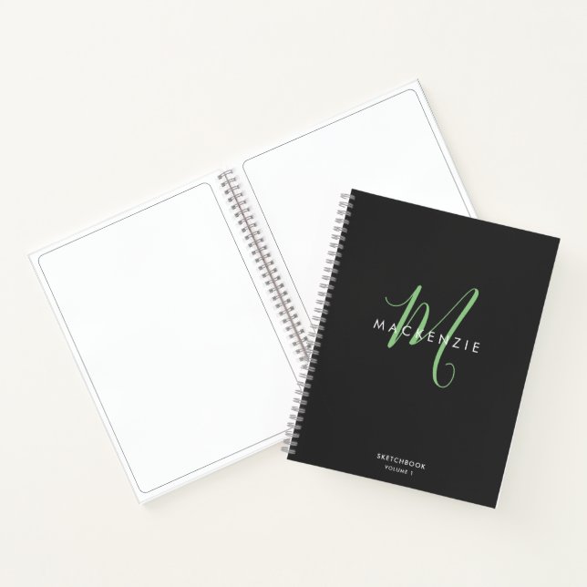 Elegantes Black Green Script Monogram Sketchbook Notizbuch (Innenseite)
