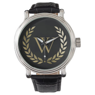 Elegantes Black Laurel Wreath Monogramm Armbanduhr