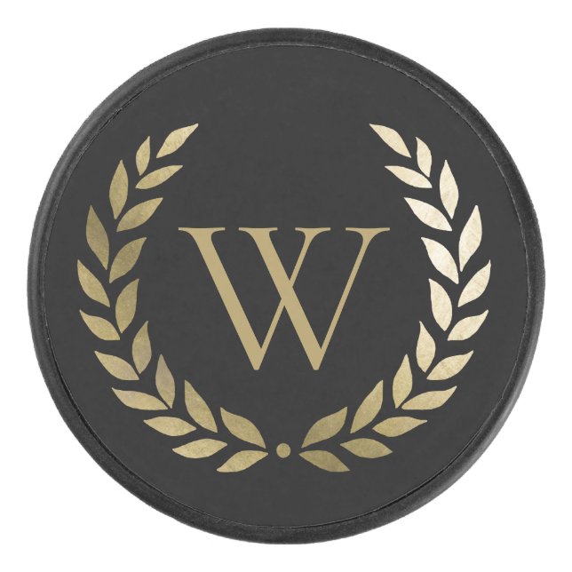 Elegantes Black Laurel Wreath Monogramm Eishockey Puck (Vorderseite)