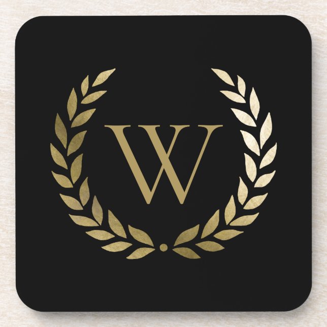 Elegantes Black Laurel Wreath Monogramm Getränkeuntersetzer (Vorderseite)