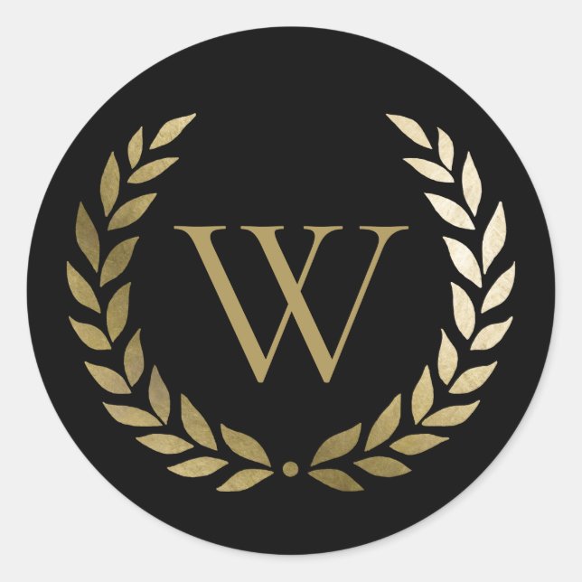 Elegantes Black Laurel Wreath Monogramm Runder Aufkleber (Vorderseite)
