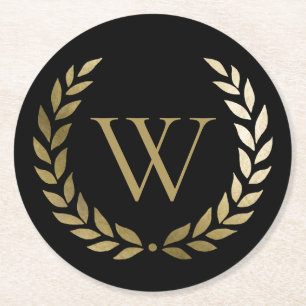 Elegantes Black Laurel Wreath Monogramm Runder Pappuntersetzer
