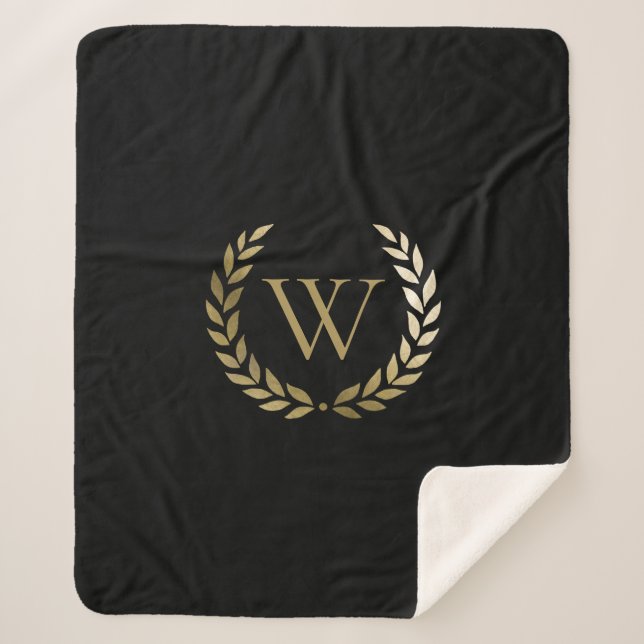 Elegantes Black Laurel Wreath Monogramm Sherpadecke (Vorderseite)