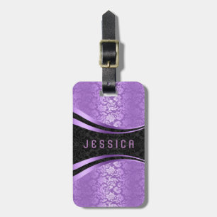 Elegantes Black & Lavender Floral Damaskus Muster Gepäckanhänger