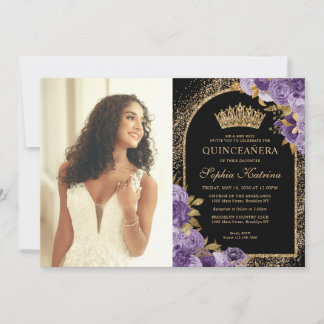 Elegantes Black Lila Gold Floral Foto Quinceanera Einladung
