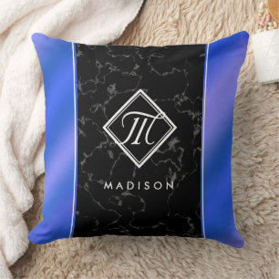 Elegantes Black Marble & Royal Blue Foil Monogramm Kissen