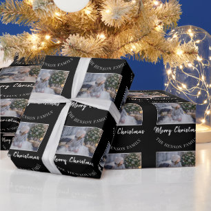 Elegantes Black Merry Christmas Script Family Foto Geschenkpapier