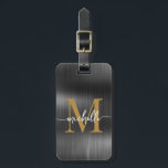 Elegantes Black Metal Gold Monogram, Initialskript Gepäckanhänger<br><div class="desc">Girly Stylish Moderne elegante Black Metal und Gold Monogram Initial Name Script Custom Personalisiert Personalisiert Luggage Bag Tag. Dieses Design mit einem Vornamen in einer hübschen Hand Schwanz-Schriftart-Kalligraphie (oder Typografie) mit Monogramm-Initial, Adresse-Info in gold und weiß auf Imitaten schwarz metallische Folie Hintergrund. Diese sind einfach zu anpassen. Stilvolles Frauengeschenk für...</div>