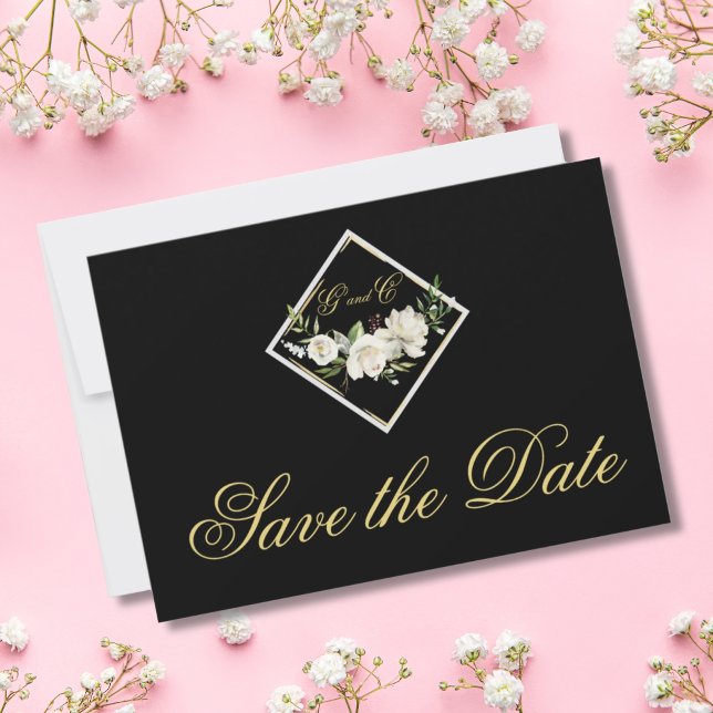 Elegantes Black Monogram Gold Save the Date (ELEGANT BLACK MONOGRAM SAVE THE DATE WEDDING ANNOUNCEMENT)