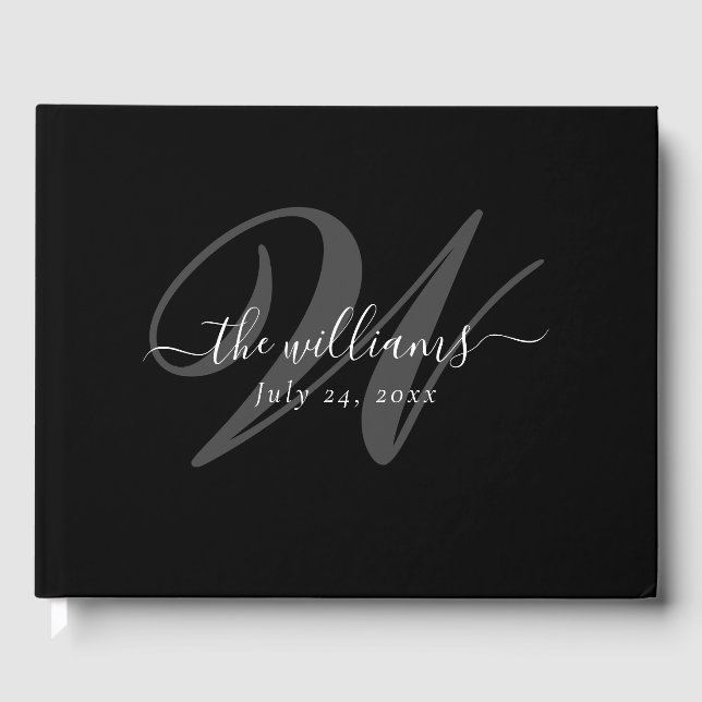 Elegantes Black Monogram Wedding Guest Book Gästebuch (Vorderseite)