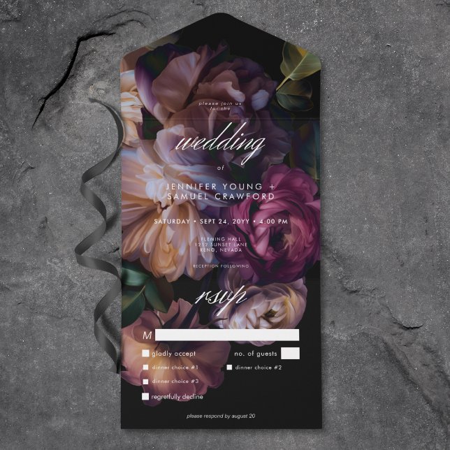 Elegantes Black Moody Floral Hochzeitsfest All In One Einladung (Elegant Black Moody Floral Wedding Dinner All In One Invitation)