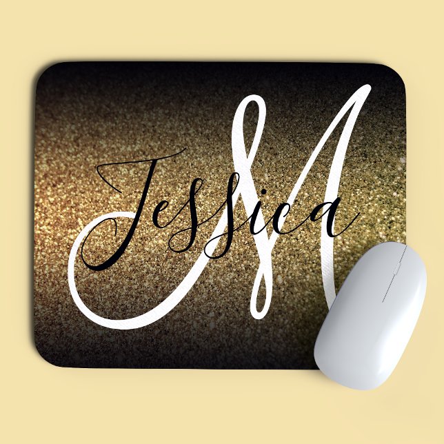 Elegantes Black Ombre Gold Glitzer Monogram Mousepad (Von Creator hochgeladen)