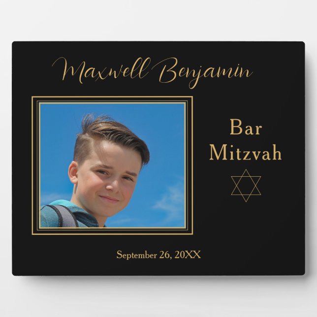 Elegantes Black Personalisiert Bar Mitzvah Foto Fotoplatte (Vorderseite)