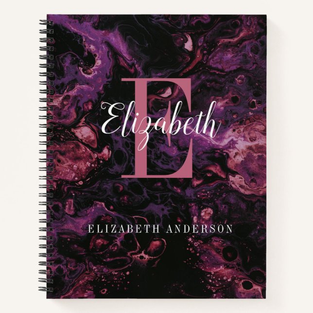 Elegantes Black Pink Monogram Script-MarmorNoteboo Notizbuch (Vorderseite)