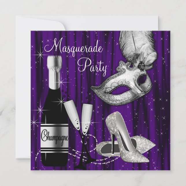 Elegantes Black Pruple Masquerade Party Einladung (Vorderseite)