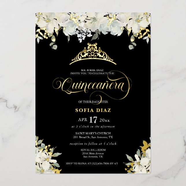 Elegantes Black Quinceañera Floral Gold Folieneinladung (Vorderseite)