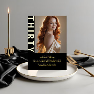 Elegantes Black & Real Gold Foil 30. Geburtstag Fo Folieneinladung